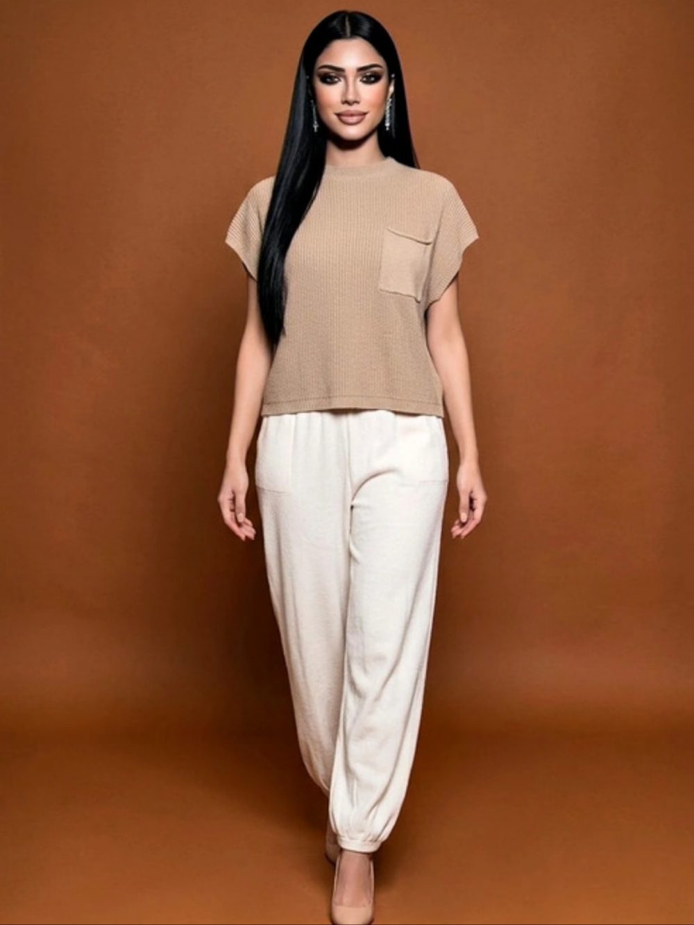 Caracilia XL 2 Piece Knit Set Taupe Top Cream Pants Neutral Lounge Set